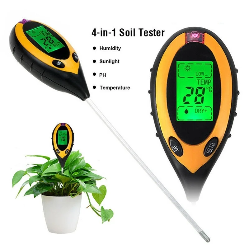 4 в 1 цифровой измеритель PH Монитор влажности почвы температура Солнечный свет