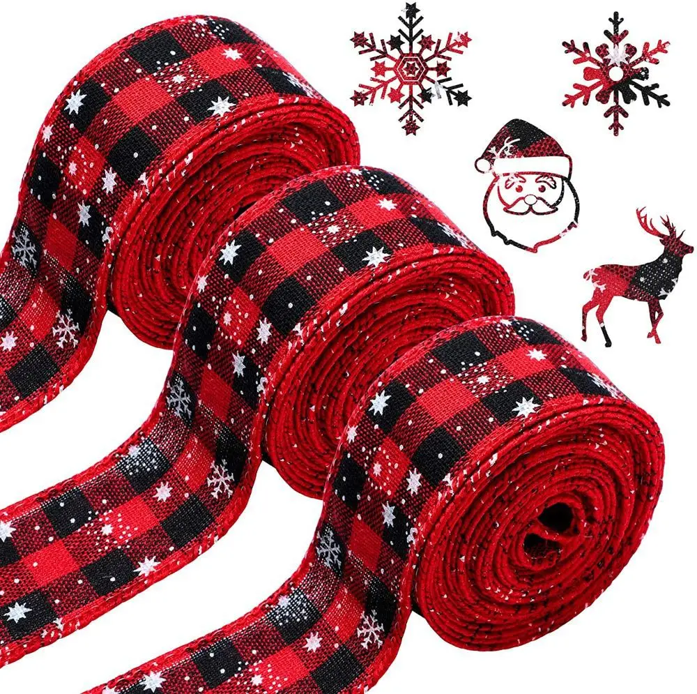 

6m Christmas Plaid Wired Ribbons Gingham Burlap Ribbon Red and Black Wrapping Ribbon for Christmas Decoration Crafts Making