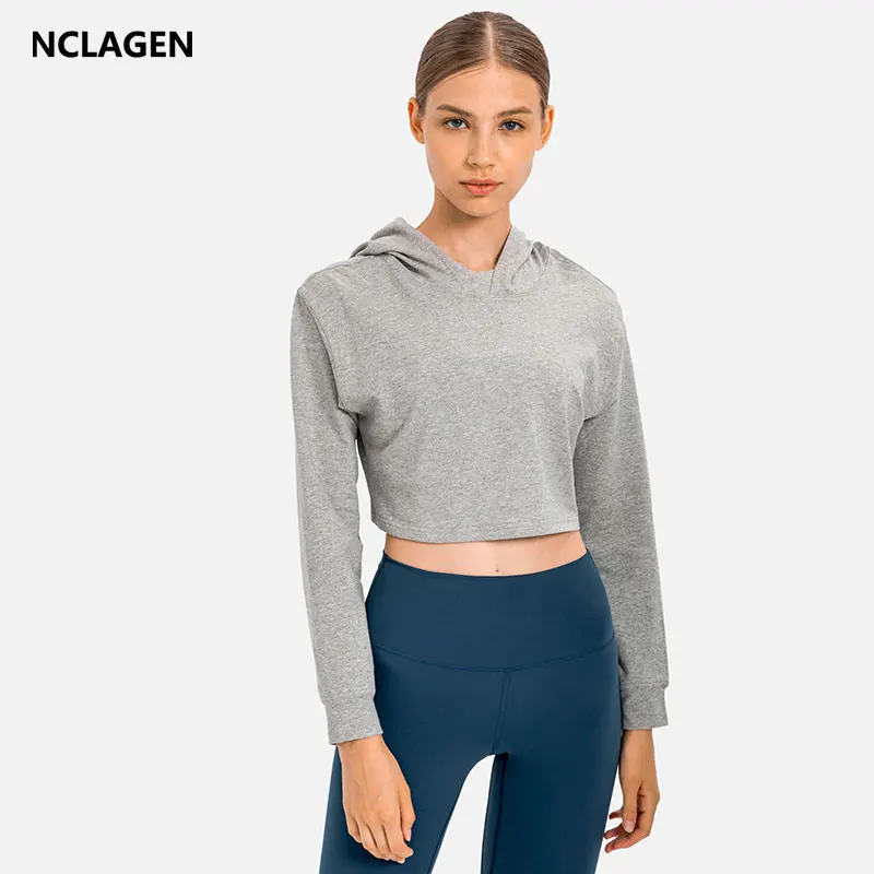 

NCLAGEN Casual Sweatshirt Women Hooded Long Sleeve Fitness Sports Crop Top COTTON Autumn Loose Versatile Running Yoga Blouse