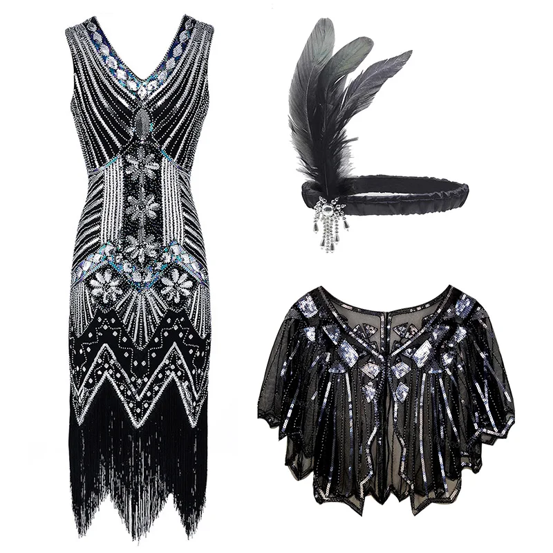 Women's Pluse Size 1920s Gatsby Sequin Beaded Fringed Flapper Dress with 20s Accessories Set 3 pc Headband / Shawl / Dress