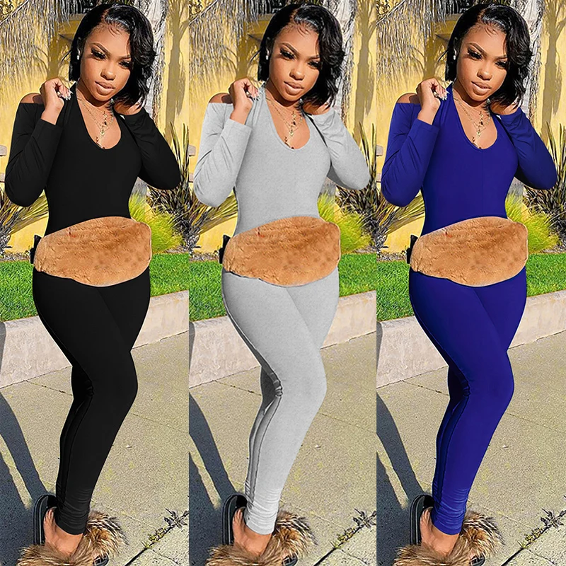 

Woman Casual Sports Sheath Solid Jumpsuit Long Sleeve Hollow out Shoulder O Neck Female Bodycon Jumpsuits Exercise One Piece