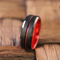 fashion 8mm men red stainless steel wedding band ring black brushed with red groove beveled edge ring party anniversary gifts