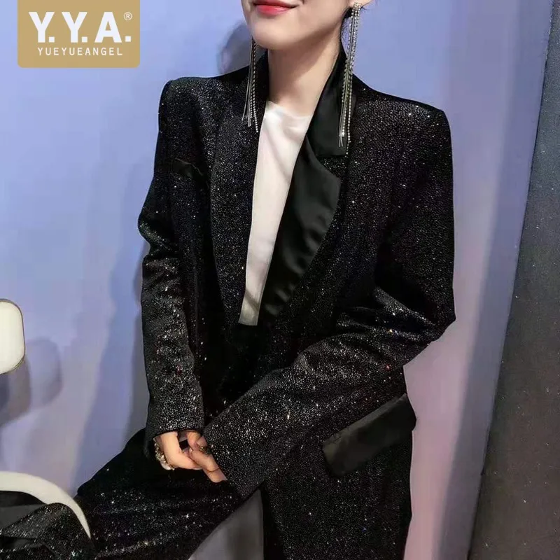 

Runway Black Shiny Suits Sets Women Elegant Lace Up Sashes Blazer Floor Length Wide Leg Suit Pants OL Fashion Two Piece Outfits