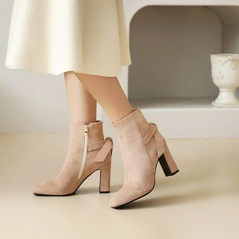

Women Smart Office Work Bowknot Zip Up Block Heel Square Toe Ankle Boots