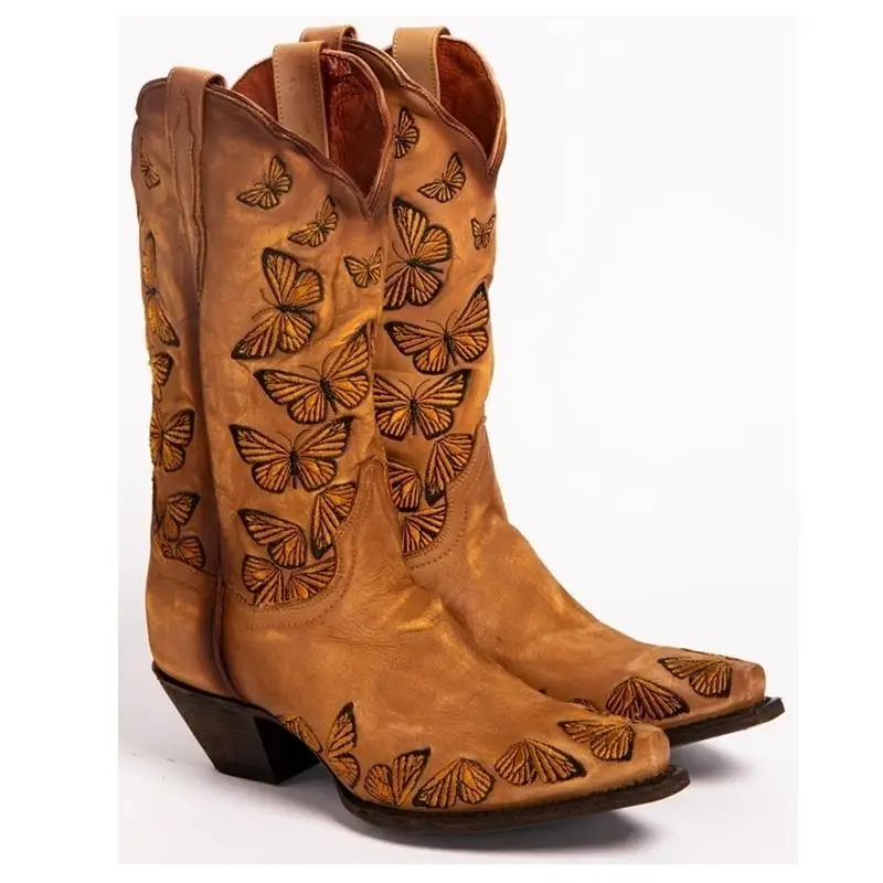 

Women's Rustic Tan Embroidered Butterfly Cowgirl Boots Western Boots Womens Retro Knee High Boots Handmade Leather Cowboy Boots