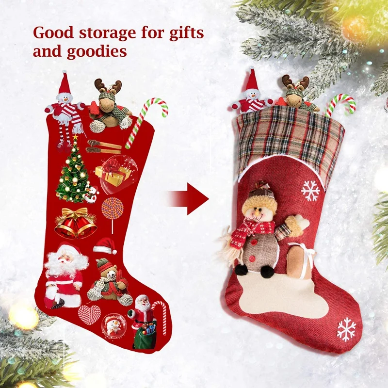 

Christmas Stockings 4 Pack,Reindeer Snowman Xmas Stockings,Fireplace Hanging Stockings for Christmas Decoration