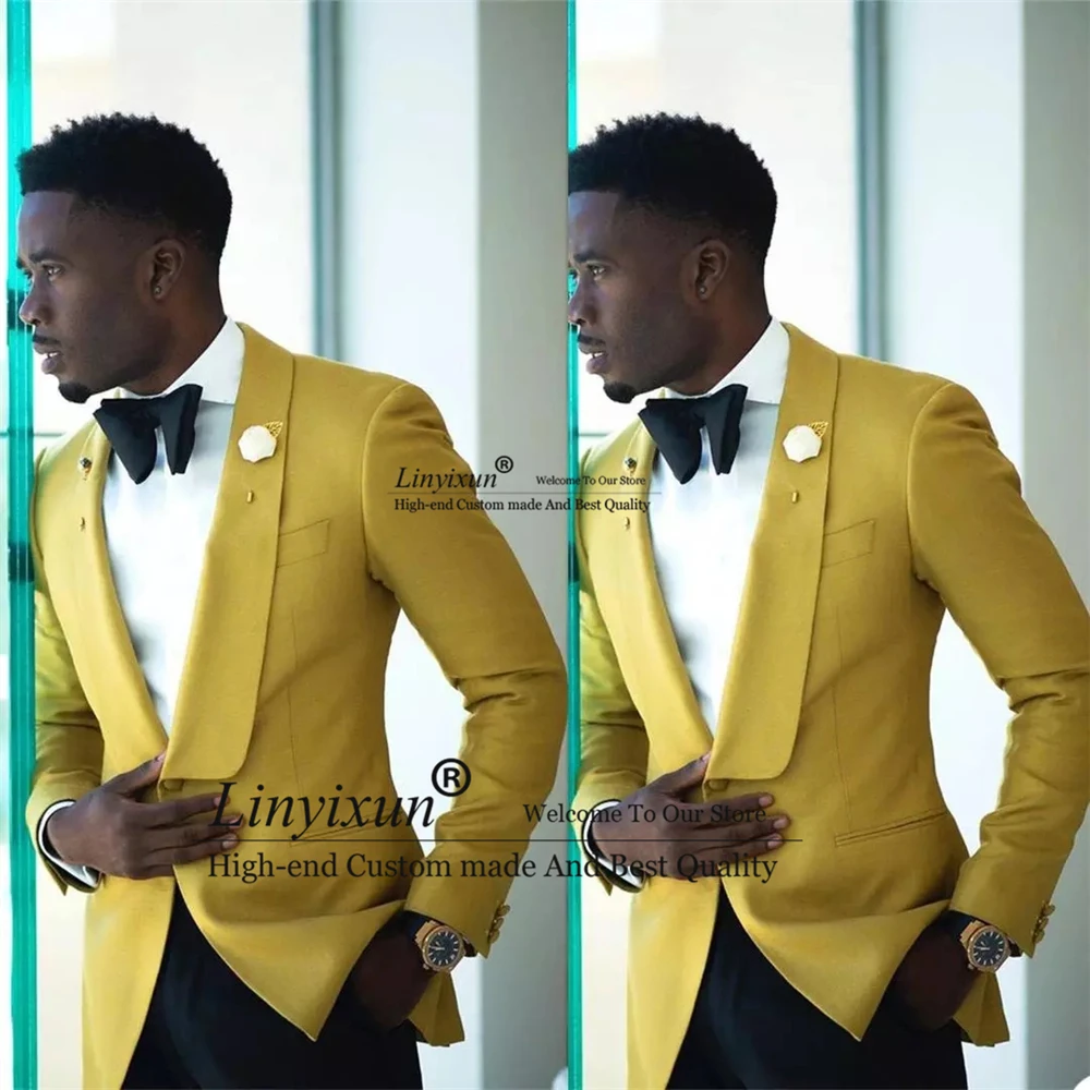 

Yellow Jacket Black Pant Wedding Costume Homme Marriage Slim Fit Men Suits Masculino Terno Tuxedo Groom Prom Blazer 2 Pieces