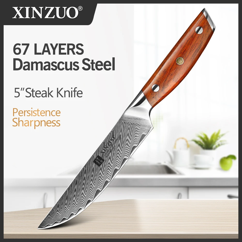 

XINZUO 5-дюймовый нож для стейка, искусственный нож из дамасской стали, кухонный эргономичный нож из нержавеющей стали с рукояткой из розового ...