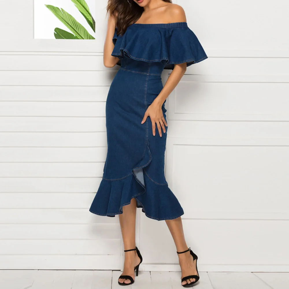 2020 Синее джинсовое платье женское летнее сексуальное ElegantRuffle с открытыми плечами