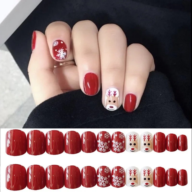 

24 Pcs Wine Red Fake Nails Acrylic Short Nails Christmas False Nails With Design Lady Press On Finger Nails Z218