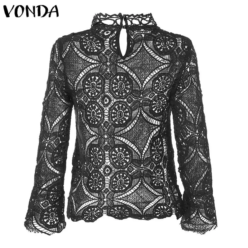 Кружевные белые блузки VONDA 2020 сексуальные повседневные рубашки с круглым вырезом