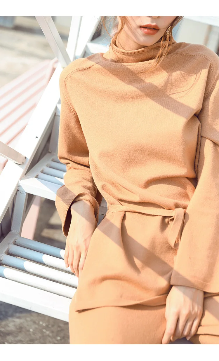 

Knitting Female Sweater Suit For Women Two piece set Solid Pullover Half Turtleneck Long Sleeve Bandage Top Wide leg Pants Suit
