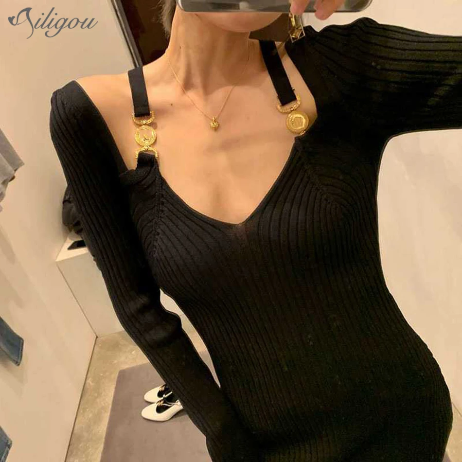 

Ailigou New Women'S Bandage Dress 2021 Summer Elegant Off-Shoulder Metal Tie Dress Sexy V-Neck Long Sleeve Party Dress Vestidos