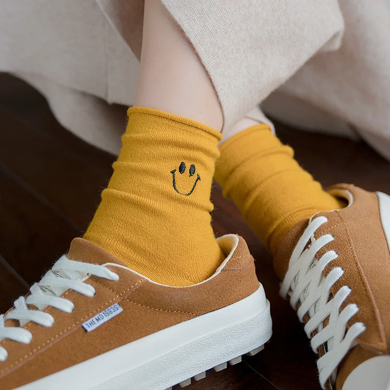 Женские носки однотонные хлопковые с мультяшным улыбающимся лицом|Носки| |