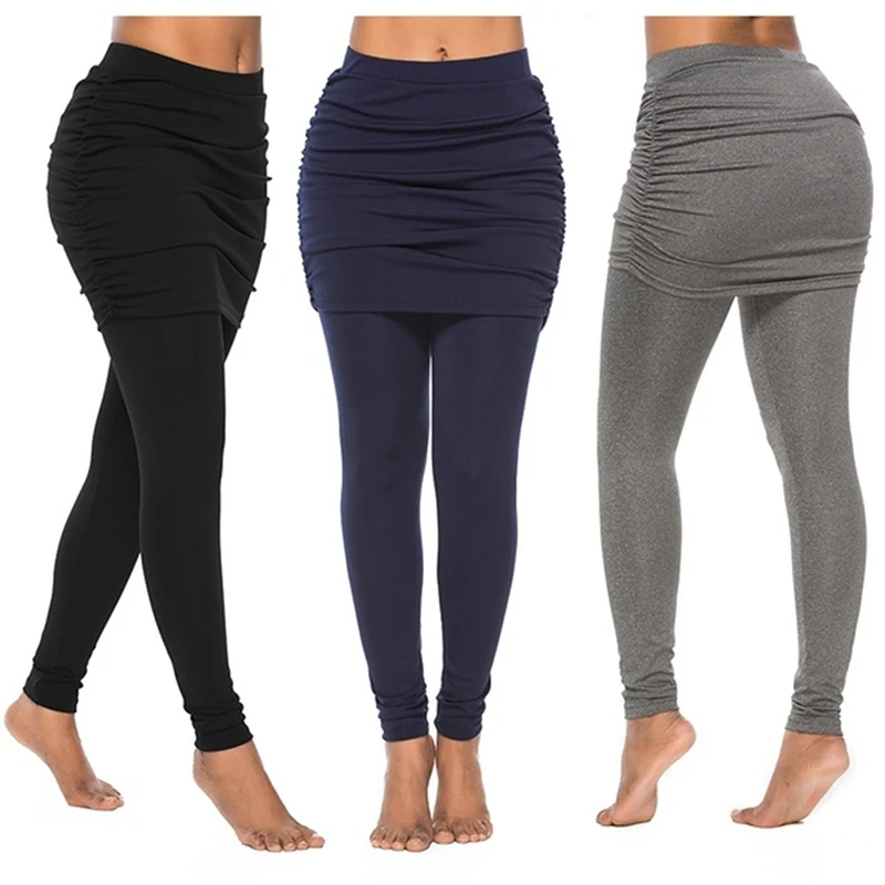 High Waist Leggings 2023 Running Pants WomenWrap Hip Side Pleated Skirt Fake Two Pieces Bottom Sexy Skirted Trousers Yoga Pants