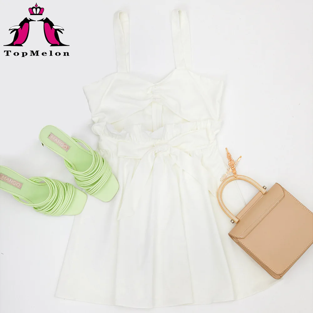 

2021 New Fashion Elegant Bow White Female Mini Dress Summer Party New Princess Wind Flounce Belt Holiday Chun-set Dress Suit