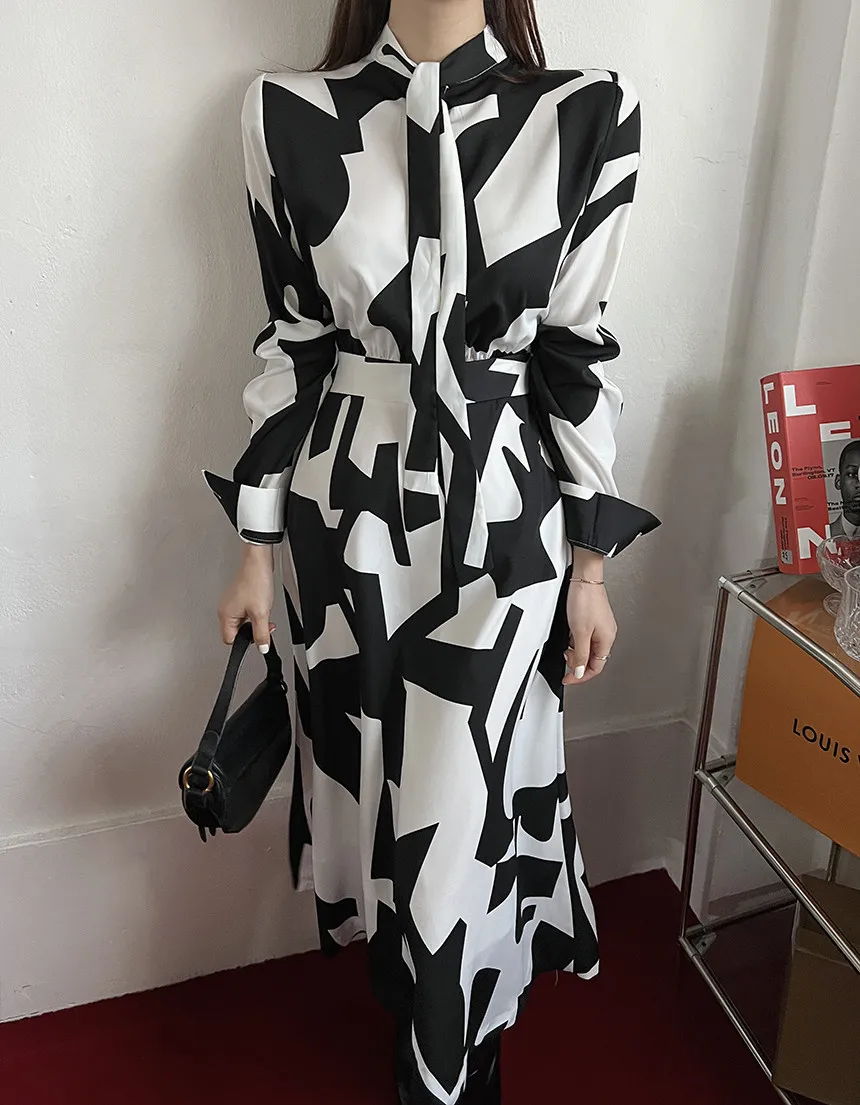 

Vintage Women Bow Geometric Print Dress Full Sleeve Female Casual Loose 2022 Spring Mid Dresses Vestidos DS414