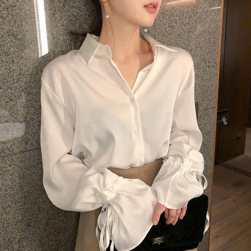 

Women's Spring Autumn Style Chiffon Blouse Shirt Women's Solid Color Button Long Sleeve Turn-down Collar Vintage Top DD8448
