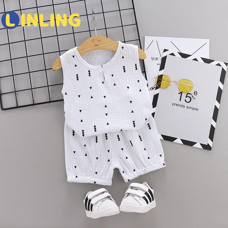 

LINLING Summer Baby Girl Clothes Linen Sleeveless Vest Suit Solid Thin Breathable Girl Sets Casual Clothes for Children New P892