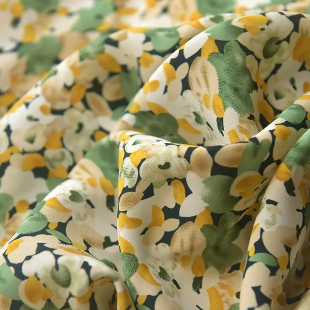 

Yellow and green broken flower grey and green Daisy chiffon dress sun block unlined upper garment wrinkles clothing fabric