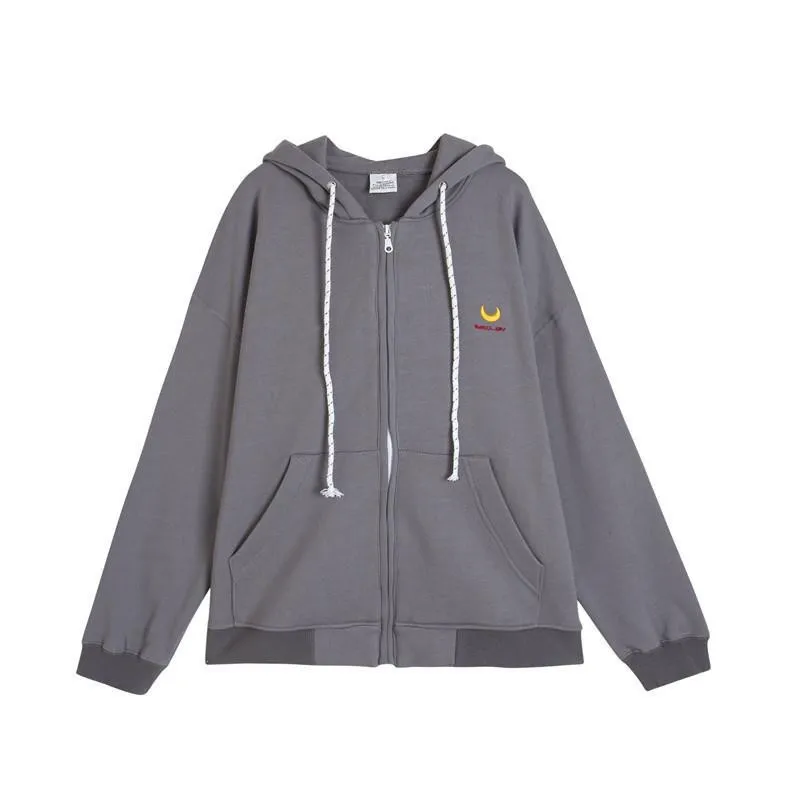 

Moon embroidery White Oversized Hooded Sweatshirt Women Autumn Vintage Solid Color Long Sleeve Jacket Student Casual Large Coats