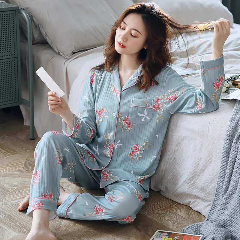 

Women Sleepwear Spring and Autumn New Women's Pajamas, Cotton Printed Long-sleeved Suit, Cardigan, Plus Size Sleepwear Women New