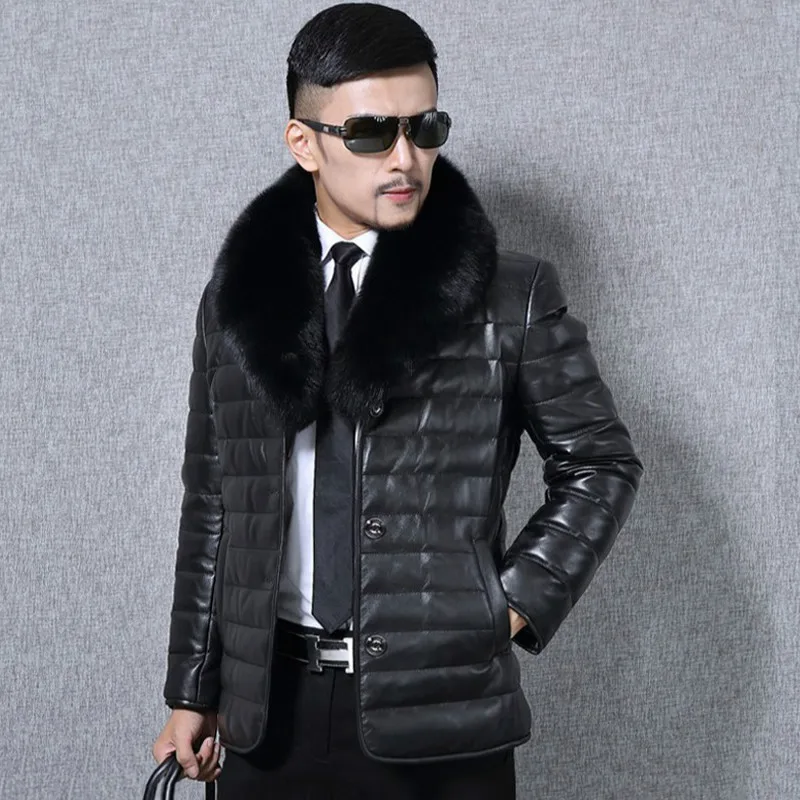 Мужские кожаные куртки с меховым воротником большие размеры деловая Черная