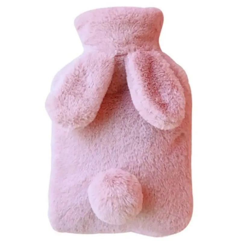 

K1KB Cute Cartoon Rabbit Ears Hot Water Injection PVC Bottle with Thicken Plush Cover for Women Girls Warm Sofa Bedtime Heat