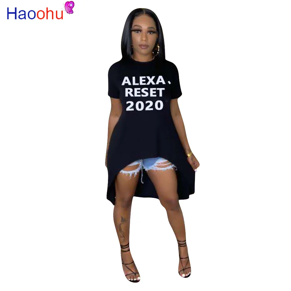 

HAOOHU Женская Летняя асимметричная длинная футболка Alexa Reset 2020 с буквенным принтом и круглым вырезом и коротким рукавом модное платье-футболк...