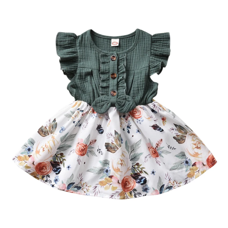 

Summer 1-5Years Baby Girls Princess Dress Bowknot Flowers Print Ruffles Sleeve Knee Patchwork Length A-Line Dress Sundress