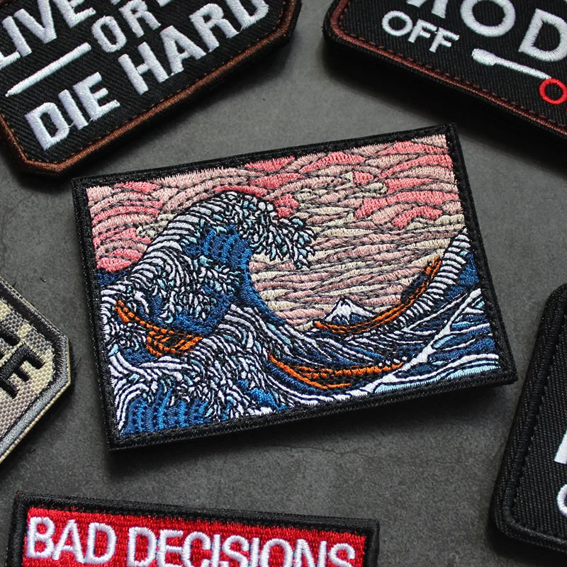 Ukiyoe Вышивка Липучка патч канагава большая волна море полосы повязка на руку для