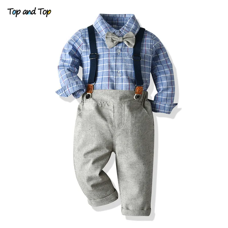 Топ и топ Осень-зима комплект одежды джентльмена для мальчиков хлопковая рубашка
