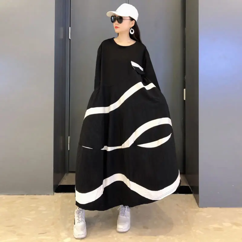 XITAO элегантное Полосатое платье средней длины в стиле пэчворк с круглым вырезом и