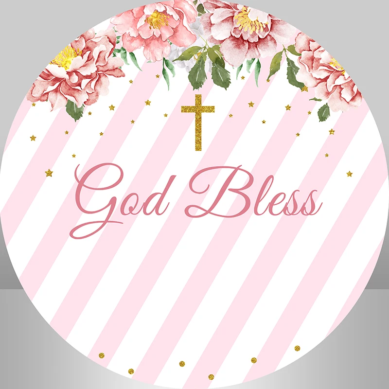 

Pink and White Stripes Cross First Holy Communion Party Round Circle Background Flower God Bless Photo Backdrops Photocall Cover