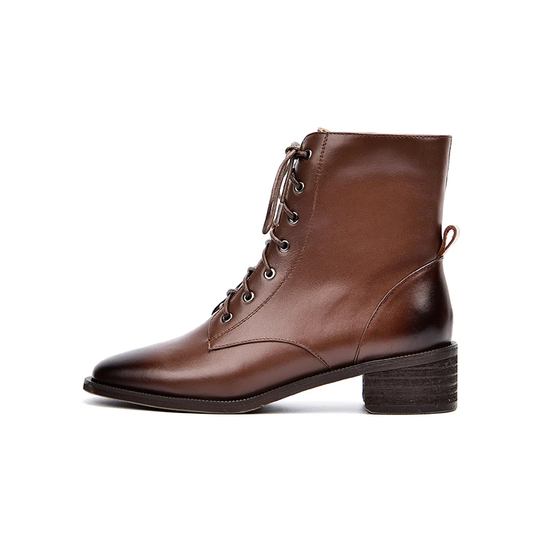 

100% Genuine Leather Women Ankle Boots Brand med square Heels Office Party dress Shoes Woman lace up Chelsea Boots