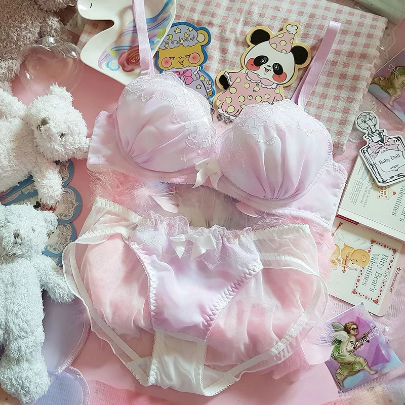 Japanese Cute Embroidery Pink Bra & Panties Set Underwire Soft Underwear Sleep Intimates Set Kawaii Lolita Sweet Intimates Set