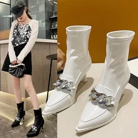 2021 new fashion ankle boots pu leather pointed toe medium heels 3 5cm pumps working basic shoes women metal buckle decoration