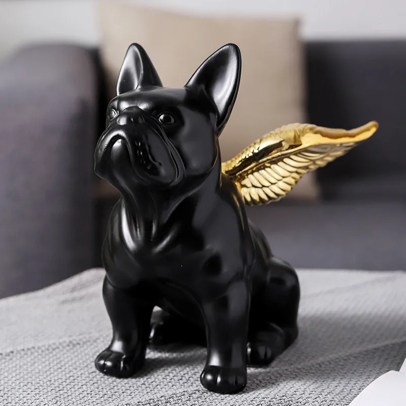 

Gold Wing French Bulldog Statue Black Dog Art Sculpture Ceramic Crafts Nordic Modern Home Decor living room decoration statue