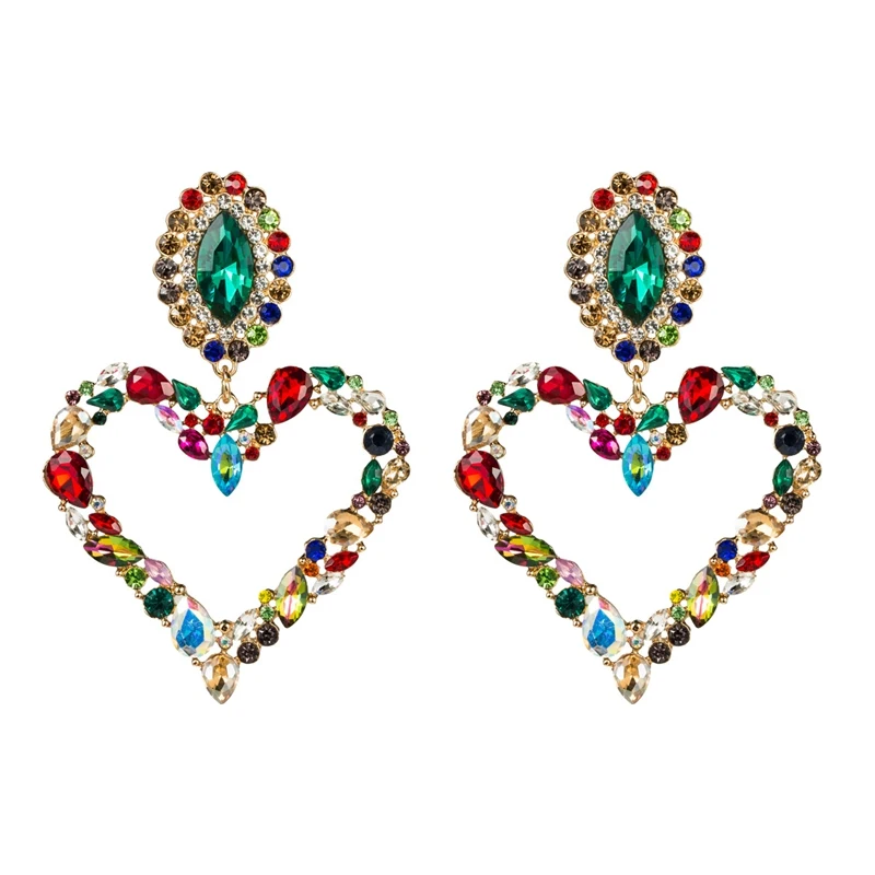 Exaggerated Colorful Rhinestone Crystal Heart Drop Dangle Earring Oorbellen Women Girl Statement Studs Earrings Jewelry SPE402 | Украшения