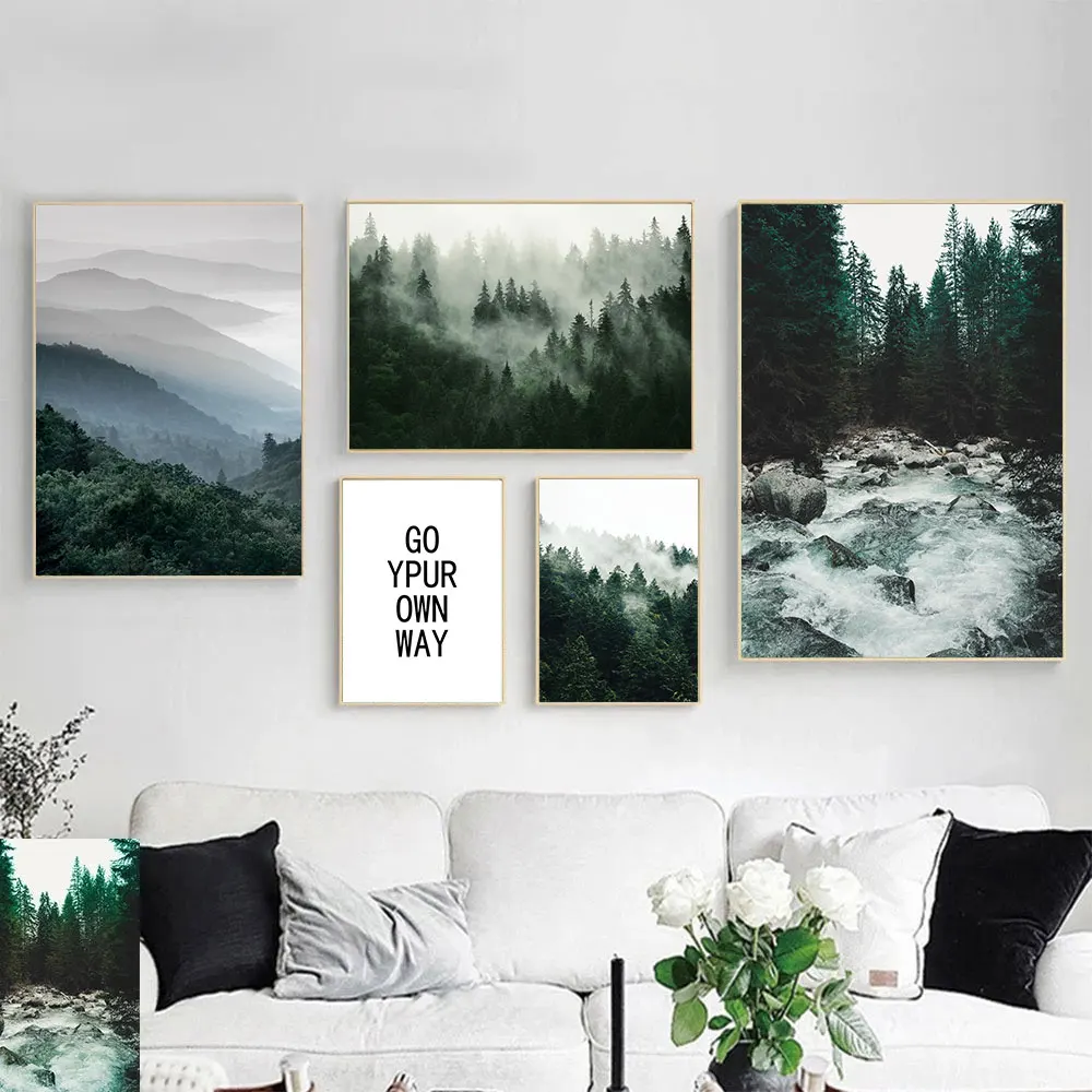 Настенный постер в скандинавском стиле с изображением природного пейзажа, туман, горный лес, настенный художественный постер, картины, деко...