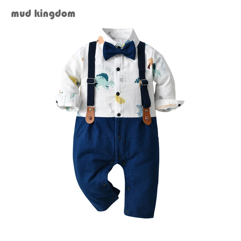 

Mudkingdom Baby Boys Gentleman Clothes Suspender Rompers Pants with Bow Tie Formal Button Cartoon Dinosaur Long Sleeve Bodysuits