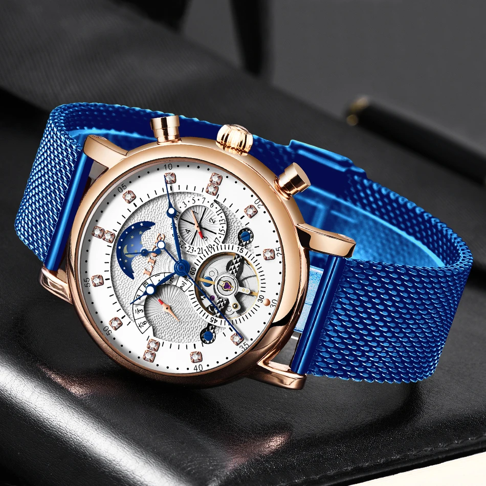 LIGE мужские часы Tourbillon модные спортивные автоматические для мужчин с Лунной фазой