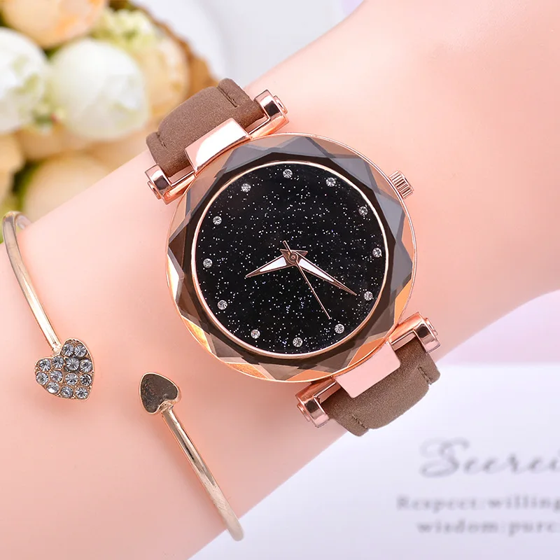 Brown no bracelet Модные женские часы Звездное небо, лидер продаж, кожаный браслет, кварцевые наручные часы, повседневные женские часы, Relogio Feminino - Цвет: Brown no bracelet