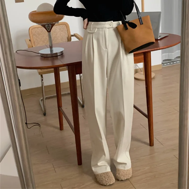 

Прямые шерстяные брюки с высокой талией в Корейском стиле, женские весенне-осенние свободные повседневные широкие брюки, винтажные офисные...