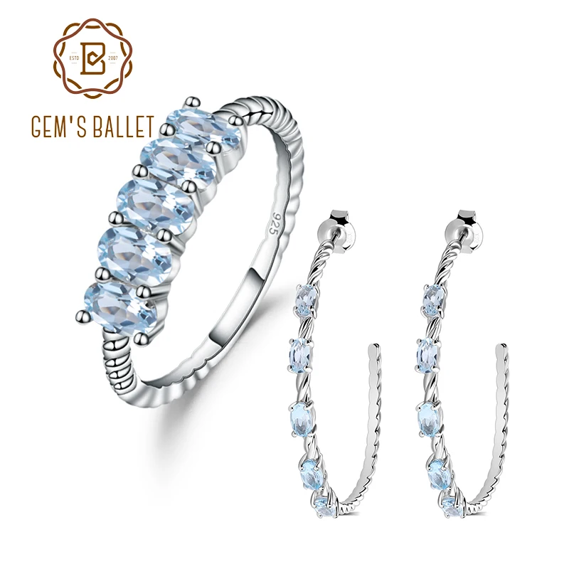 

GEM'S BALLET 4.42Ct Natural Sky Blue Topaz Gemstone Jewelry Set Classic 925 Sterling Silver Ring Hoop Earrings For Women Wedding