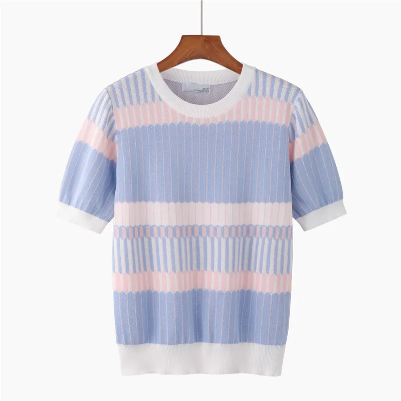 

Summer women T-shirt Tencel Knitted short sleeves ruffles O-neck Pullovers Jumper Computer Knitted Sweaters Multicolor