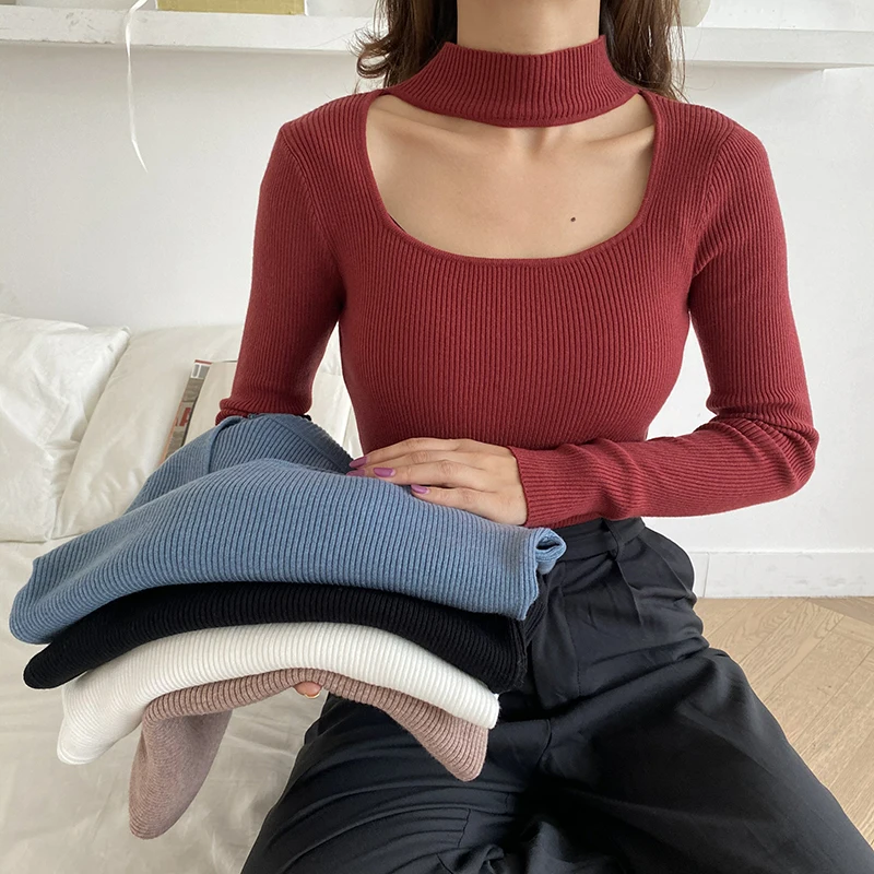 

2021 New Chic Hollow Out Half High Neck Long Sleeve Slim Sweater Women Spring Autumn Knitted Sweaters Sexy Ladies Jumper