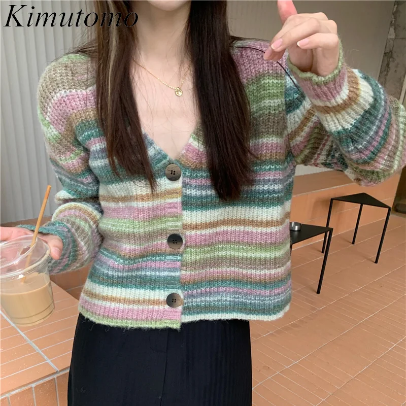 

Kimutomo Casual Chic Knitting Cardigan Woman Autumn New Ins Color Matching Gradient Stripes Loose Single breasted Short Sweater