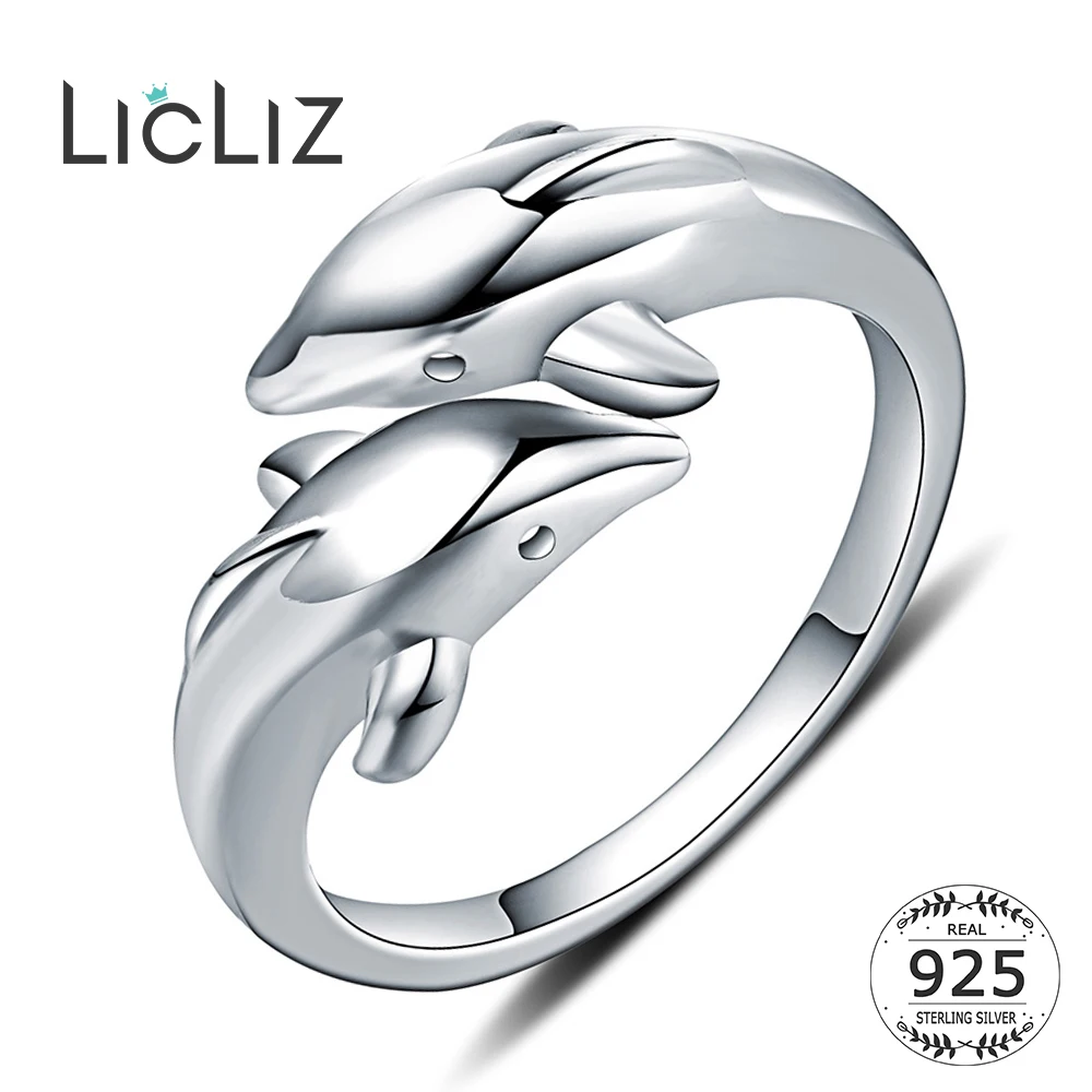 LicLiz Real 925 Sterling Silver Animal Dolphin Cuff Rings for Women Open Adjustable Bypass Ring Jewelry Anillos Mujer LR0409