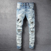 street style fashion men jeans light blue elastic slim fit destroyed ripped jeans men patches designer hip hop denim punk pants